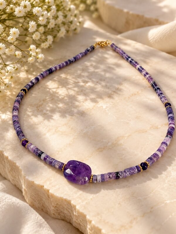 Collier en perles d'améthyste heishi lilas à violet, grande pierre centrale facettée et fermoir doré, posé sur pierre claire avec fleurs