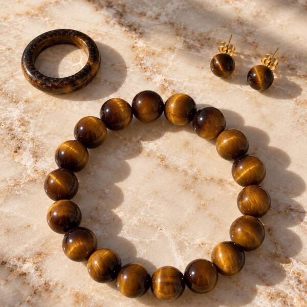 Ensemble MELLIA œil de tigre : bague anneau, puces et bracelet perles, sur dalle claire