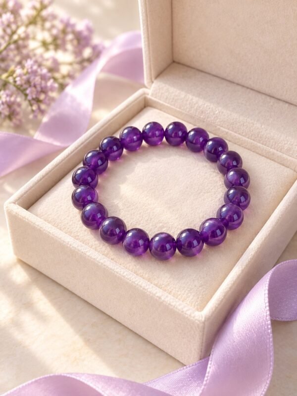 Bracelet perles d'améthyste 8 mm présenté dans son écrin