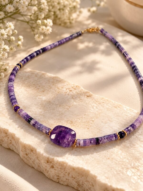 Collier perles améthyste INTUITION posé à plat sur dalle claire, pierre centrale facettée et perles dorées