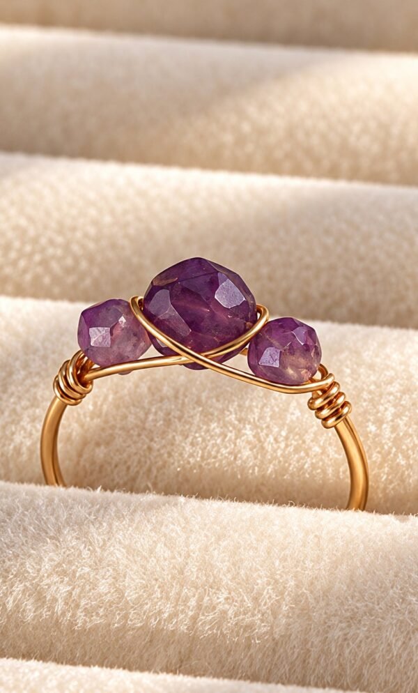 Bague mini Intuition en améthyste facettée posée sur velours crème