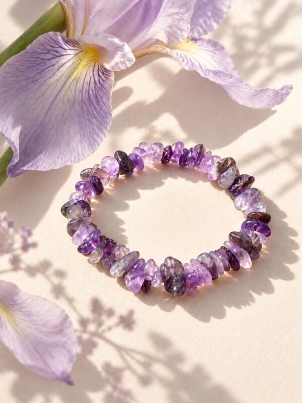 Bracelet élastique éclats d'améthyste entouré de fleurs d'iris