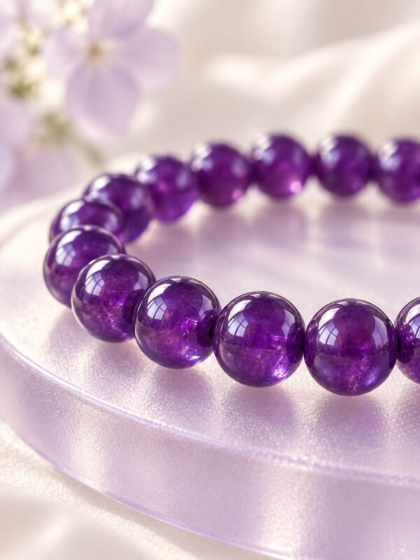 Gros plan sur les perles rondes d'améthyste 8 mm du bracelet