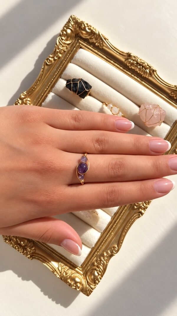 Main portant la bague mini Intuition en améthyste sur un cadre doré
