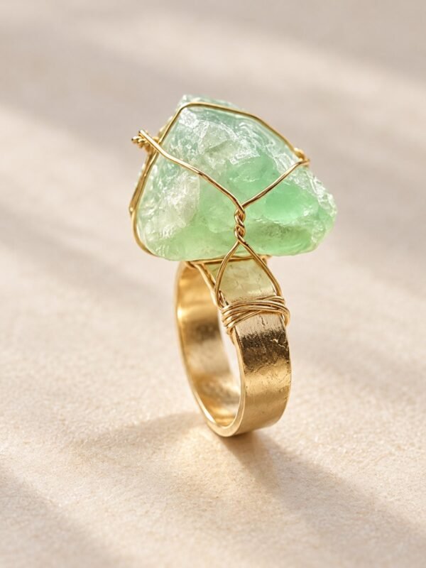 bague-aventurine-05 Bague brute en aventurine verte naturelle sertie de fil, finition ton or – vue 5