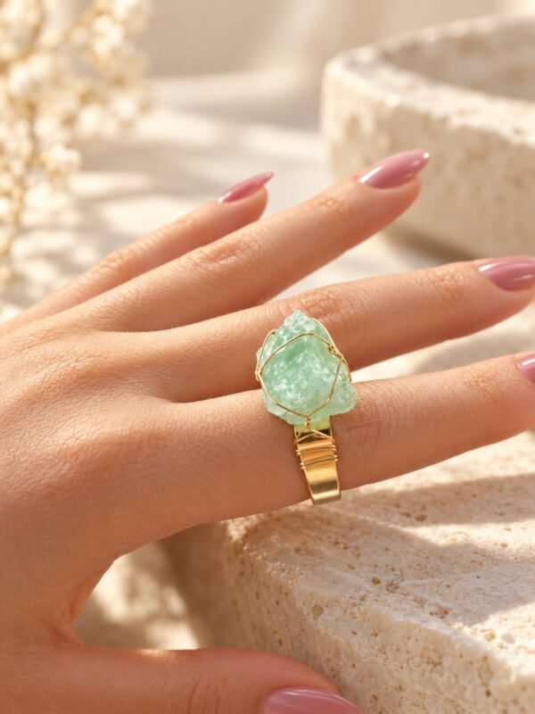 bague-aventurine-06 Bague brute en aventurine verte naturelle sertie de fil, finition ton or – vue 6