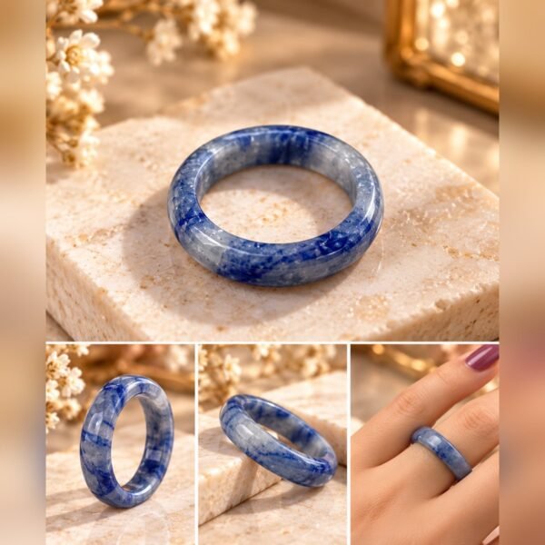 Bague AZUR en sodalite : vue principale et trois détails, dont la bague portée