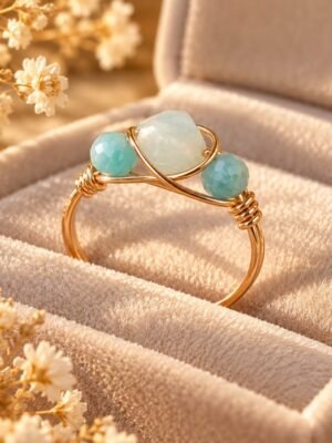 Bague AZURA – amazonite 1 Bague AZURA en amazonite naturelle : trois perles facettées bleu turquoise et vert d'eau sur fil de cuivre couleur dorée, présentée dans un écrin
