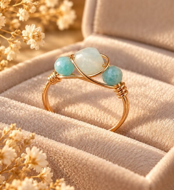 Bague AZURA – amazonite 1 Bague AZURA en amazonite naturelle : trois perles facettées bleu turquoise et vert d'eau sur fil de cuivre couleur dorée, présentée dans un écrin
