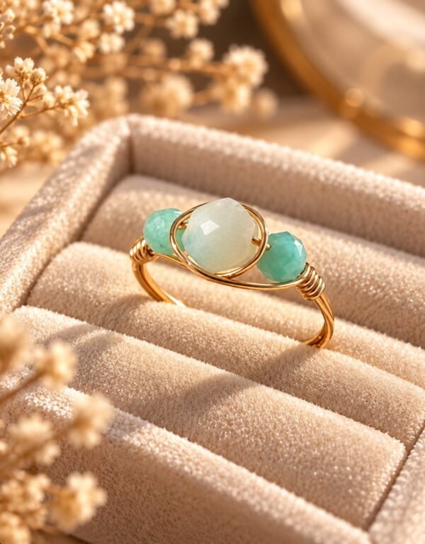 Bague AZURA – amazonite 2 Bague AZURA amazonite aux nuances turquoise, fil de cuivre couleur dorée entrelacé, dans son écrin en velours