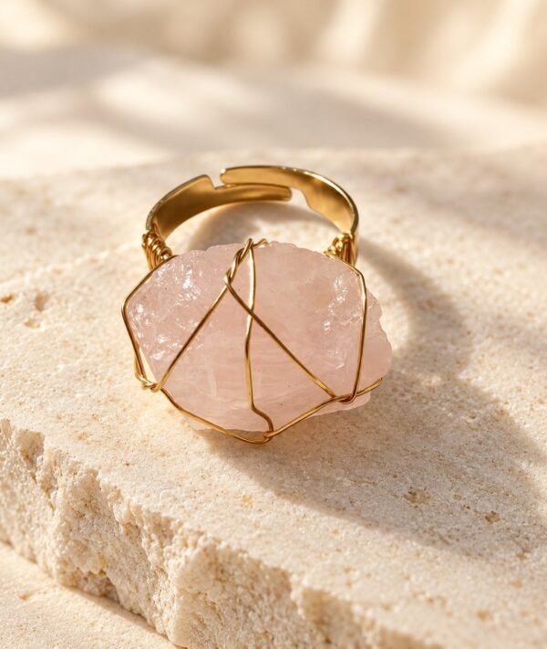 Bague brute en quartz rose naturel enlacée de fil, finition ton or, anneau ouvert réglable – vue 4
