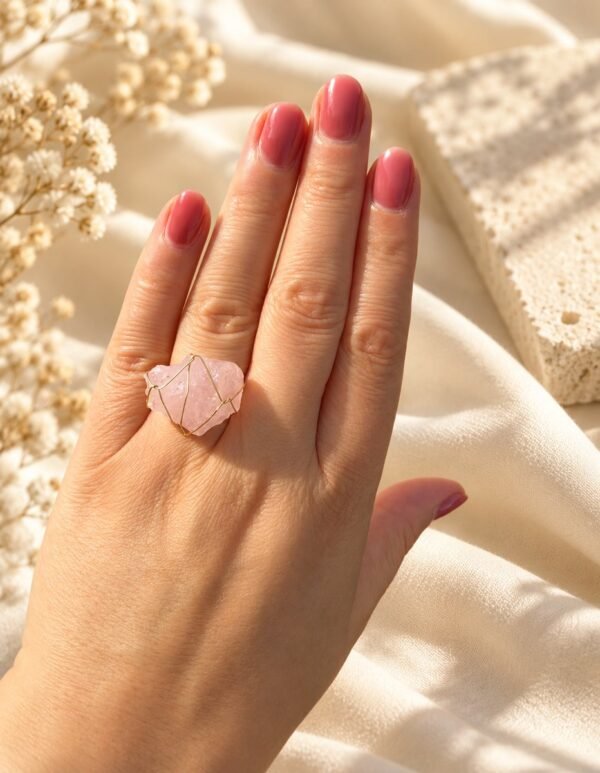 Bague brute en quartz rose naturel enlacée de fil, finition ton or, portée à la main – vue 5