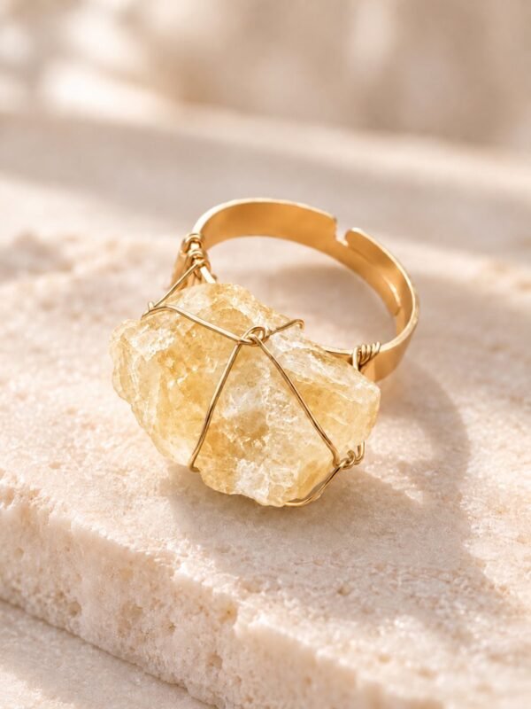Bague brute en citrine jaune pâle naturelle enlacée de fil, finition ton or – vue 3