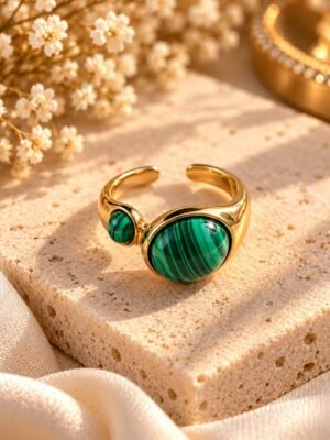 Bague MALYA malachite 1 Bague MALYA réglable en acier inoxydable doré avec deux cabochons de malachite, posée sur un bloc de pierre