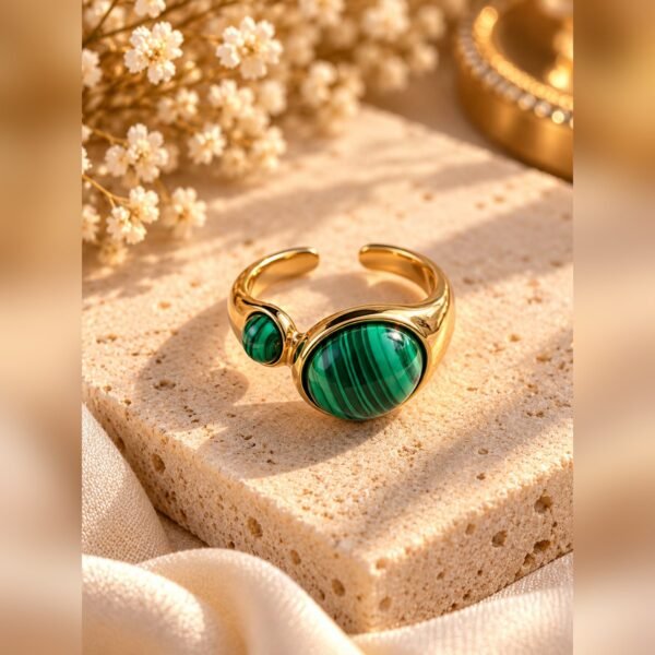 Bague MALYA réglable en acier inoxydable doré avec deux cabochons de malachite, posée sur un bloc de pierre
