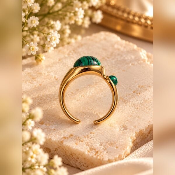 Bague MALYA ouverte et réglable, deux pierres de malachite vert émeraude