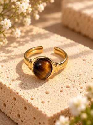 Bague SOLÉNA en œil de tigre, cabochon rond sur monture ouverte aux finitions dorées – Serinaé