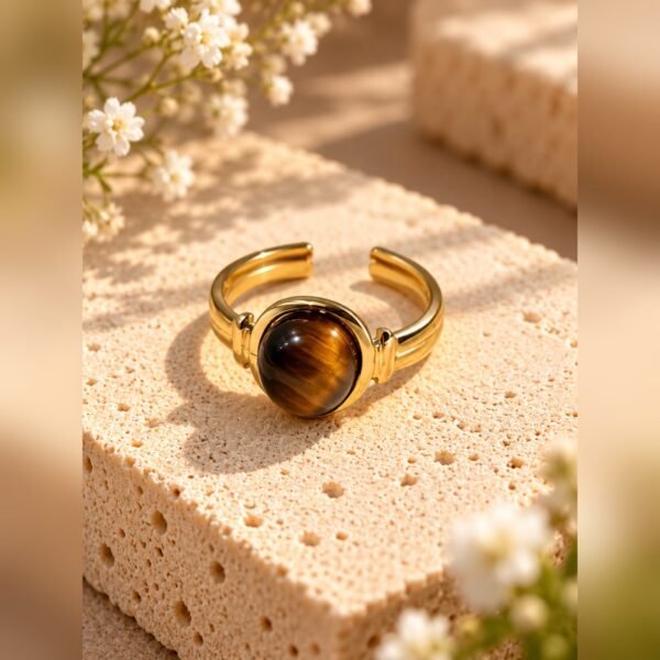 Bague SOLÉNA œil de tigre 1 Bague SOLÉNA en œil de tigre, cabochon rond sur monture ouverte aux finitions dorées – Serinaé