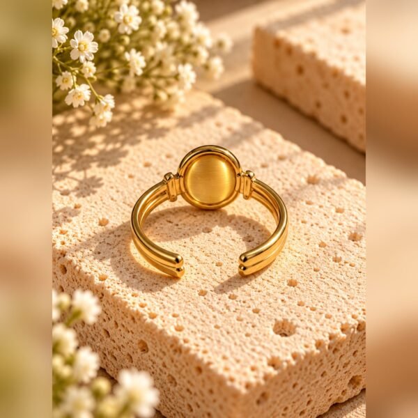 Bague SOLÉNA œil de tigre 2 Bague SOLÉNA vue de dos, monture ouverte réglable à double anneau aux finitions dorées – Serinaé
