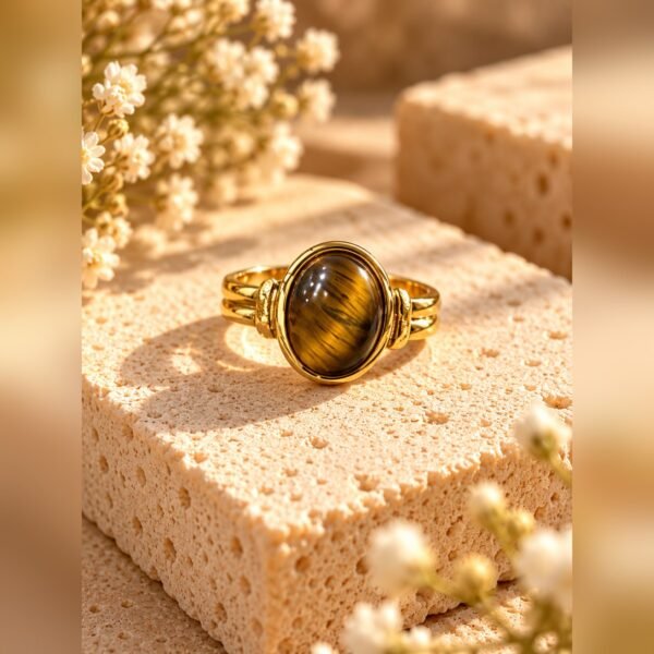Bague SOLÉNA œil de tigre 3 Bague SOLÉNA, gros plan sur le cabochon d’œil de tigre aux reflets miel et caramel – Serinaé
