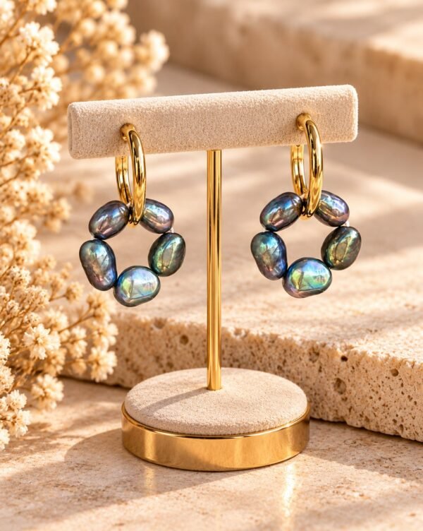 Boucles d’oreilles ÉPURE Noires, cercles de cinq perles d’eau douce noires sur créoles finition ton or, présentées sur un support – vue 1