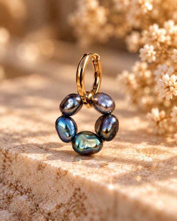 Boucle d’oreille ÉPURE Noire en perles d’eau douce noires aux reflets irisés, posée sur pierre claire – vue 2