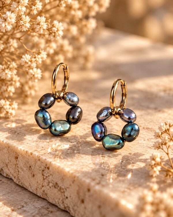 Paire de boucles d’oreilles ÉPURE Noires en perles d’eau douce noires sur pierre claire – vue 4