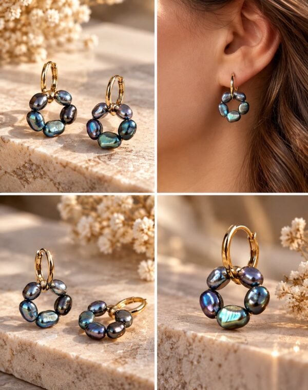 Boucles d’oreilles ÉPURE Noires en perles d’eau douce noires, vues sous plusieurs angles et portées – vue 5