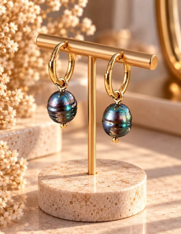 Boucles d’oreilles ÉPURE, grosses perles d’eau douce baroques noires aux reflets bleutés sur créoles finition ton or, présentées sur un support – vue 1