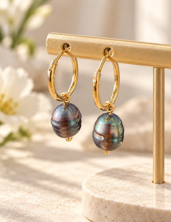 Boucles d’oreilles ÉPURE perles noires baroques irisées suspendues à un présentoir doré – vue 3