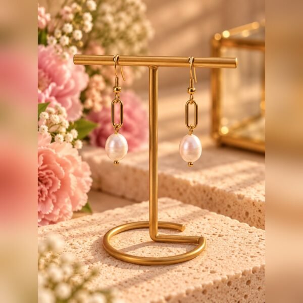 Boucles d’oreilles ÉPURE – Perle 3 Boucles d’oreilles ÉPURE sur présentoir en T avec fleurs roses – Serinaé