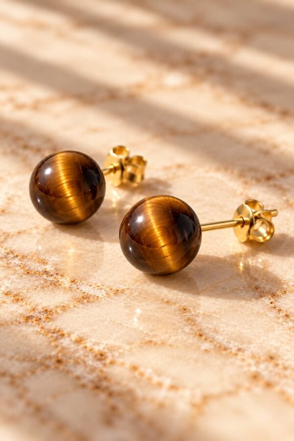 Boucles d’oreilles puces œil de tigre MELLIA Boucles d’oreilles puces MELLIA en œil de tigre naturel à bouchon, reflets miel et caramel – vue 2