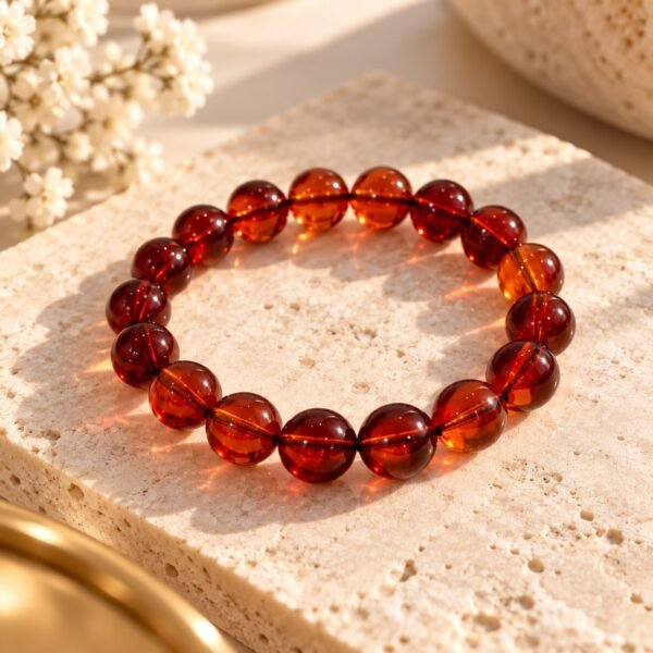 Bracelet AMBRINE en perles ambrées translucides, vue de dessus sur pierre crème – Serinaé