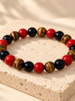 Bracelet FORCE & ÉNERGIE – obsidienne, agate rouge et œil de tigre 1 Bracelet FORCE & ÉNERGIE SERINAÉ en perles d’obsidienne noire, d’agate rouge et d’œil de tigre, posé sur une pierre claire