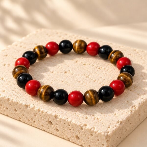 Bracelet FORCE & ÉNERGIE – obsidienne, agate rouge et œil de tigre 1 Bracelet FORCE & ÉNERGIE SERINAÉ en perles d’obsidienne noire, d’agate rouge et d’œil de tigre, posé sur une pierre claire