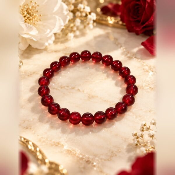 bracelet garance intense grenat 8mm Bracelet GARANCE INTENSE en perles rondes de grenat naturel 8 mm, rouge rubis à bordeaux, posé sur marbre avec des roses – Serinaé