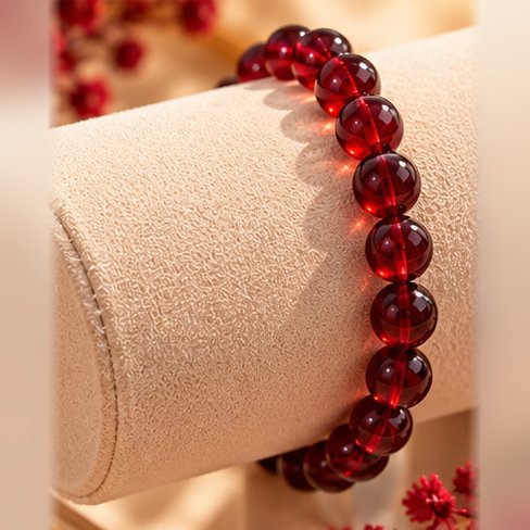 bracelet garance intense grenat porte poignet Bracelet GARANCE INTENSE en grenat naturel sur fil élastique, présenté sur coussin à bracelet – Serinaé
