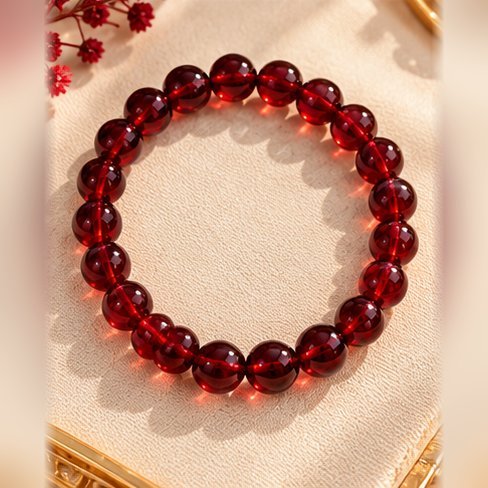 bracelet garance intense grenat vue dessus Bracelet GARANCE INTENSE en perles de grenat 8 mm, vue de dessus sur fond crème – Serinaé