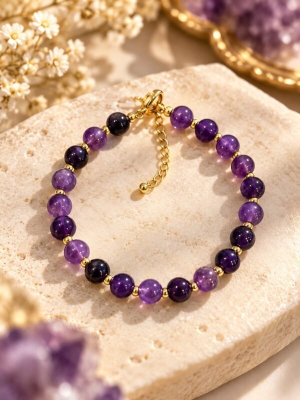 Bracelet en perles d'améthyste naturelle aux nuances lilas et violet profond, collection INTUITION