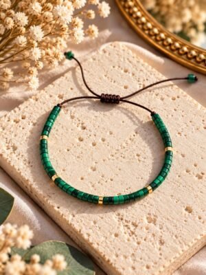 Bracelet MALACHITE 1 Bracelet ajustable en malachite, perles cylindriques vertes sur cordon marron, posé sur un bloc de pierre