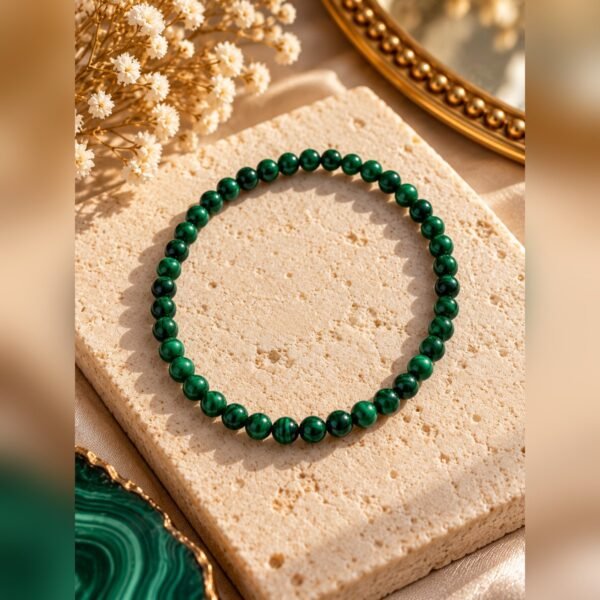 Bracelet MALYA malachite 1 Bracelet MALYA en perles de malachite 4 mm posé sur un bloc de pierre claire