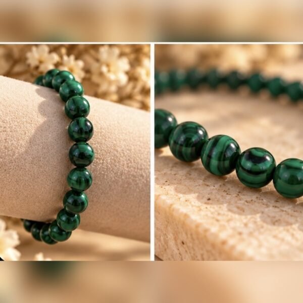 Bracelet MALYA malachite 4 Gros plan sur les perles de malachite 4 mm du bracelet MALYA