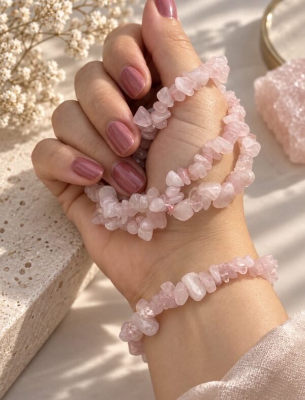 bracelet-rosa-05 Bracelets ROSA en éclats de quartz rose tenus en main