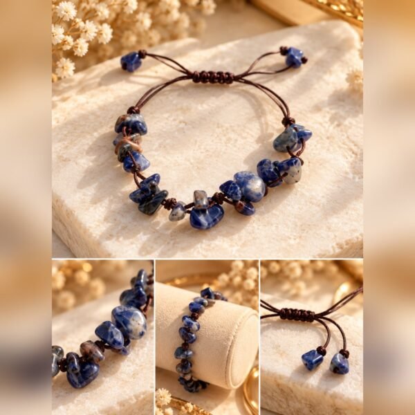 Bracelet sodalite mis en scène, avec détails et porté