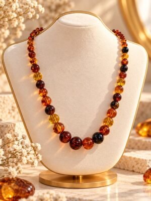 collier ambrine perles ambrees degrade buste Collier AMBRINE en perles ambrées en dégradé, nuances miel, cognac et brun, porté sur buste crème – Serinaé