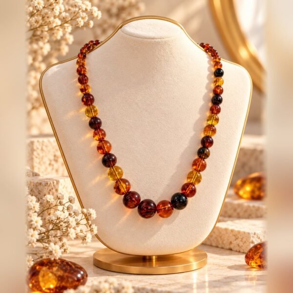 collier ambrine perles ambrees degrade buste Collier AMBRINE en perles ambrées en dégradé, nuances miel, cognac et brun, porté sur buste crème – Serinaé