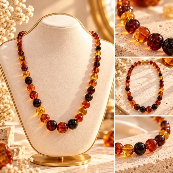 collier ambrine perles ambrees degrade details Détails du collier AMBRINE : perles rondes translucides aux reflets miel et caramel – Serinaé