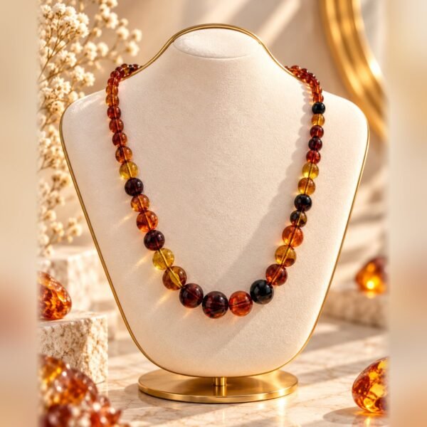 collier ambrine perles ambrees degrade vue face Collier AMBRINE vu de face, perles de tailles progressives aux tons chauds – Serinaé