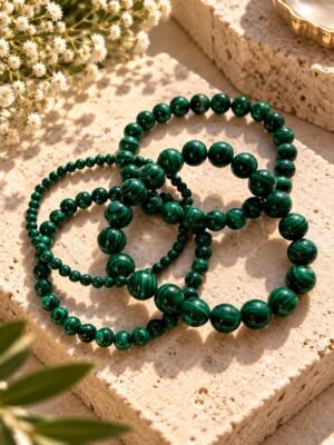 lot-4-bracelets-malya-malachite Lot de quatre bracelets MALYA en malachite naturelle posés sur un bloc de pierre