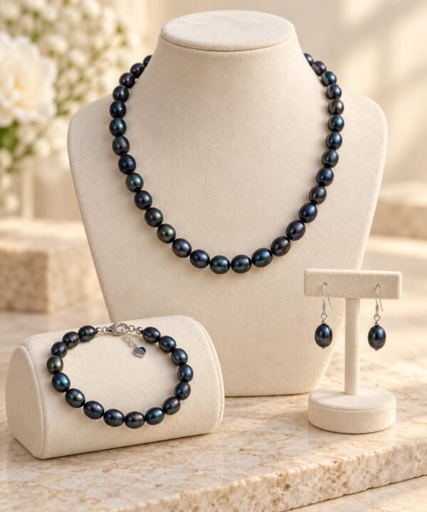 Parure ÉPURE Noire – perles d'eau douce noires 1 Parure ÉPURE Noire SERINAÉ : collier, bracelet et boucles d'oreilles en perles de culture d'eau douce noires sur buste de présentation